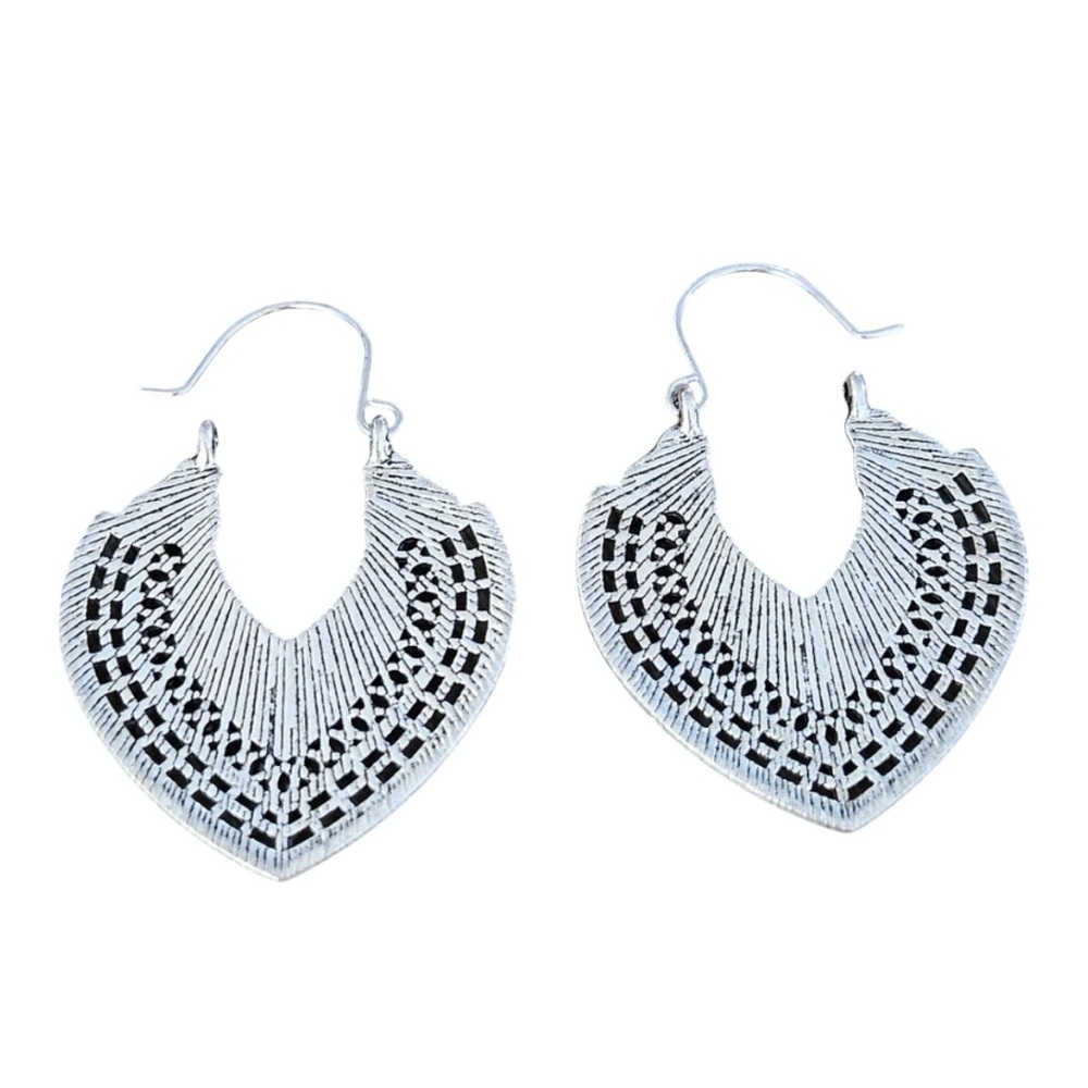 Boho Heart Charm Earrings, Tribal Flower Drop Filigree - Picture 2 of 5